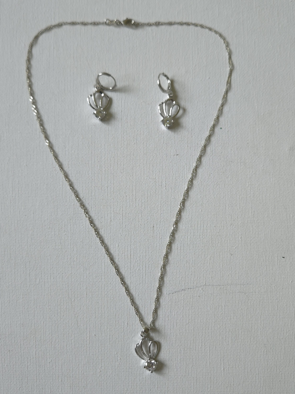 925 Sterling Silver Crown Tiara Solitaire CZ Pendant Necklace & Earring Set